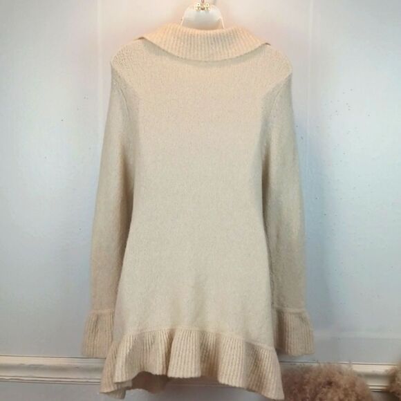 Boho Cream ruffled lapel/ cuffs long-sleeve cardigan with jeweled pockets M y2k - Picture 7 of 10